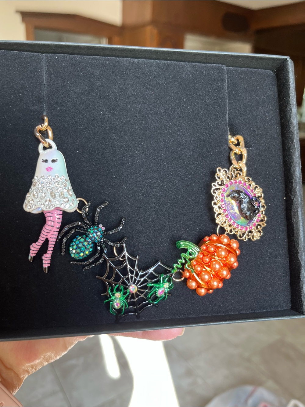 Betsey Johnson Multicolor Halloween Charm Necklace with Pumpkin, Ghost & Spider